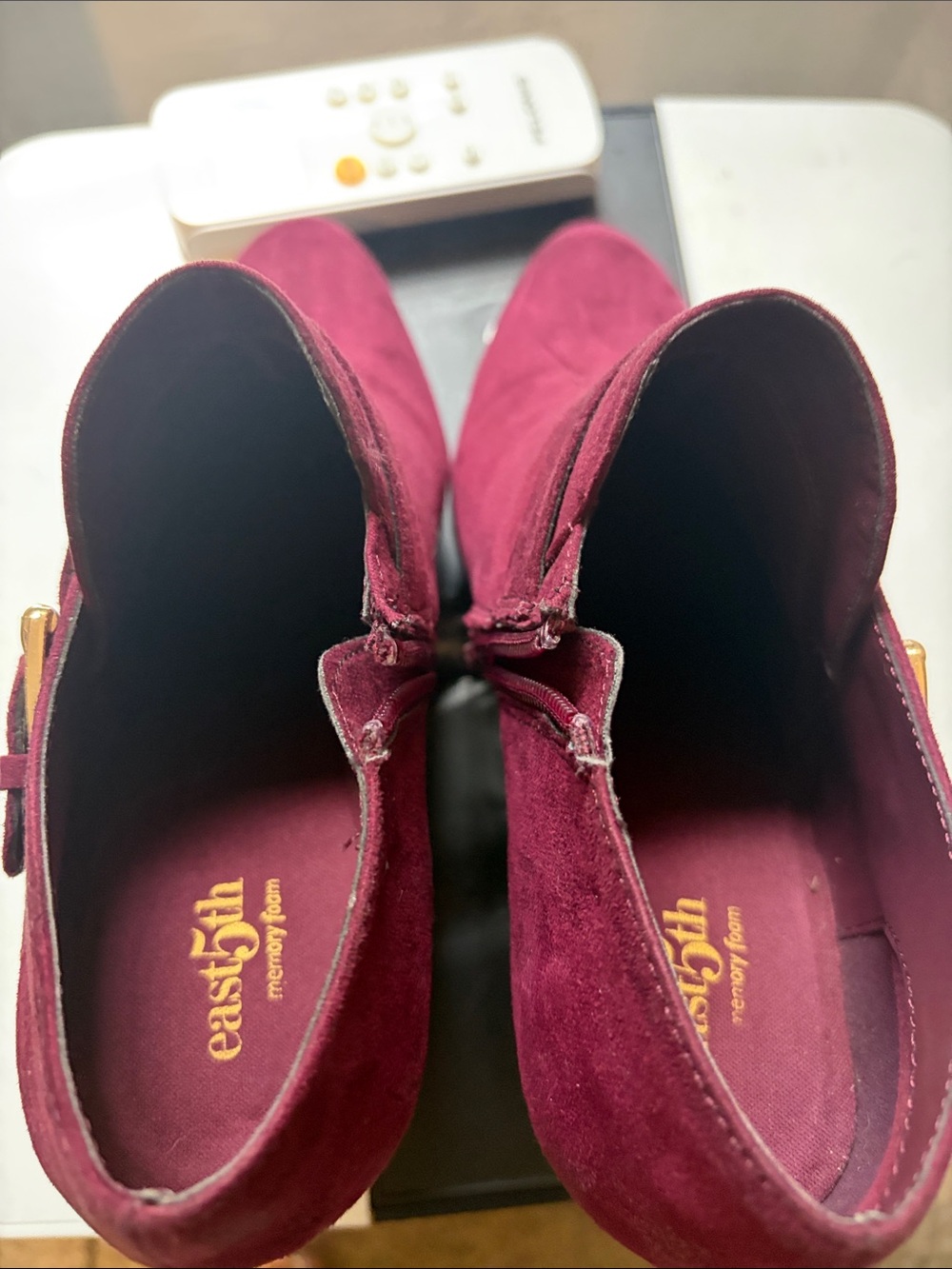 East 5th Wine Suede Ankle Booties with Side Buckle